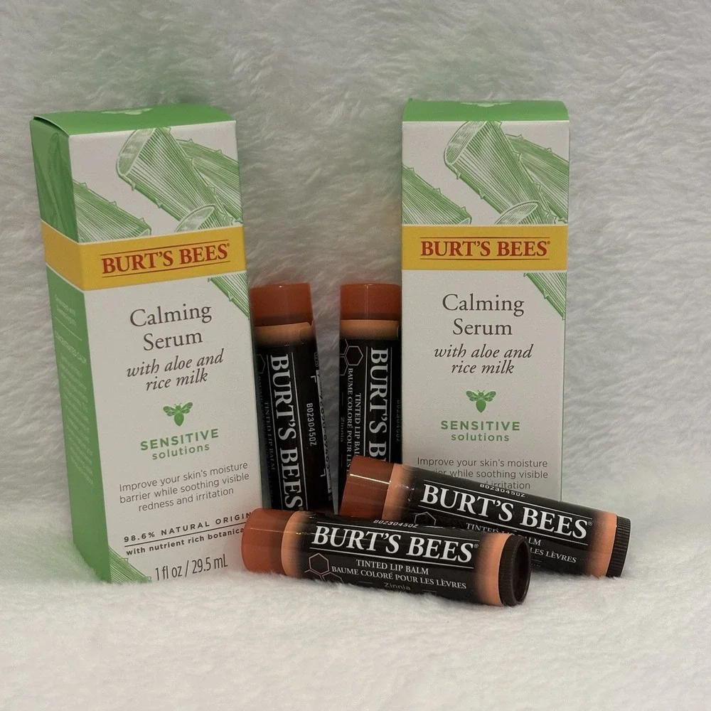 (2) Burt's Bees Calming Serum Aloe/Rice Milk Sensitive 1oz & (4) Tinted Lip Balm